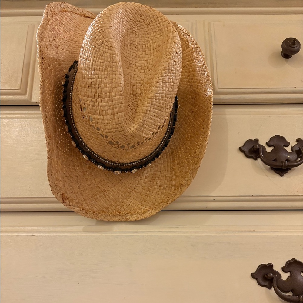 Straw Cowboy Hat with Black Beaded Band